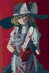  1girl absurdres apron bangs black_apron black_gloves black_headwear black_skirt black_vest blonde_hair blood bloody_clothes bloody_weapon bow braid chainsaw closed_mouth commentary_request cookie_(touhou) cowboy_shot english_text evil_smile gloves hat hat_bow heart highres holding_chainsaw kirisame_marisa long_hair looking_to_the_side odoro_(nicoseiga81184094) puffy_short_sleeves puffy_sleeves red_background red_eyes shirt short_sleeves side_braid single_braid skirt smile smoke solo star_(symbol) suzu_(cookie) touhou vest weapon white_bow white_shirt witch_hat 