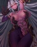  1girl absurdres asymmetrical_hair bare_shoulders breasts colored_skin demon_girl demon_horns demon_queen_lilith dress gem grin guardian_tales hair_ornament highres horns large_breasts long_hair looking_at_viewer manjin512 purple_skin silver_hair smile solo yellow_eyes 
