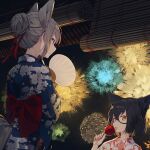  2girls aerial_fireworks animal_ears black_hair candy_apple closed_mouth colored_inner_hair fan fireworks floral_print food fox_ears grey_hair hair_between_eyes hair_bun hand_up holding holding_fan japanese_clothes kimono multicolored_hair multiple_girls nagishiro_mito obi open_mouth original outdoors paper_fan print_kimono red_eyes red_sash sash sidelocks smile yellow_eyes 