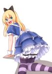  1girl alice_(wonderland) alice_(wonderland)_(cosplay) alice_in_wonderland all_fours animal_ears blonde_hair bloomers blue_dress blue_eyes blush comiching commentary_request cosplay dress feet_out_of_frame frilled_dress frills from_behind highres jervis_(kancolle) kantai_collection long_hair looking_at_viewer nose_blush purple_legwear simple_background solo striped striped_legwear underwear white_background wrist_cuffs 