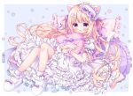  1girl animal_ears bangs blonde_hair bloomers blue_background blush cat_ears cat_girl cat_tail commentary dress eyebrows_visible_through_hair frilled_dress frilled_pillow frills full_body heart heart_pillow knees_up long_hair looking_at_viewer object_hug open_mouth original pillow puffy_short_sleeves puffy_sleeves purple_eyes puu_(kari---ume) short_sleeves single_wrist_cuff slippers socks solo starry_background symbol_commentary tail two-tone_background underwear very_long_hair white_background white_bloomers white_dress white_footwear white_legwear wrist_cuffs 