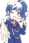  1girl ;d aikatsu! aikatsu!_(series) blazer blue_eyes blue_hair blue_jacket blue_scrunchie blush close-up collared_jacket eyebrows_visible_through_hair foreshortening hair_ornament hair_scrunchie hands_up highres jacket kiriya_aoi long_hair looking_at_viewer namori neck_ribbon one_eye_closed open_mouth partially_colored reaching red_neckwear red_ribbon ribbon school_uniform scrunchie side_ponytail simple_background smile solo starlight_academy_uniform upper_body v white_background 