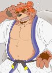  2021 anthro bodily_fluids brown_body brown_fur clothed clothing cute_fangs eyes_closed fur hi_res humanoid_hands kemono male mammal navel overweight overweight_anthro overweight_male saigou_shirou sengoku_puzzle shou_000 solo sweat ursid video_games 