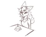  5:4 anthro bandage bangs birthday birthday_cake breasts cake candle clothing dessert eyelashes female fire food frown hair inner_ear_fluff long_hair looking_down maned_lyon monochrome shirt simple_background solo tank_top topwear tuft unknown_species white_background 