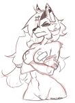  anthro arm_tuft arms_under_breasts belly_tuft bottomless breasts canid canine canis cheek_tuft clothed clothing cowlick crossed_arms crotch_tuft emanata eyelashes facial_tuft female frown hair hair_over_eyes inner_ear_fluff lily_(maned_lyon) long_hair looking_at_viewer looking_down mammal maned_lyon markings monochrome mostly_nude navel navel_tuft pasties portrait signature simple_background solo standing three-quarter_portrait topless tuft white_background wide_hips wolf 