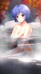  1girl autumn_leaves bangs between_legs blue_hair breasts cleavage closed_mouth collarbone completely_nude covering covering_breasts covering_crotch doukyuusei doukyuusei_another_world eyebrows_visible_through_hair game_cg hand_between_legs leaf looking_at_viewer maple_leaf medium_breasts nude official_art onsen outdoors partially_submerged shiny shiny_hair short_hair sitting smile solo tamachi_hiromi yellow_eyes 
