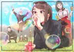  2girls 4boys :d arms_up bangs black_eyes black_footwear black_hair black_legwear black_pants blue_eyes blue_sky blunt_bangs bubble bubble_blowing bubble_pipe cloud cup day eyewear_on_head full_body gakuran getou_suguru gojou_satoru grin haibara_yu hair_bun hair_pulled_back hakama highres holding holding_cup ieiri_shoko iori_utahime japanese_clothes jujutsu_kaisen jumping kimono long_hair looking_at_another looking_away lying mole mole_under_eye multiple_boys multiple_girls nanami_kento o2o6e on_stomach open_mouth outdoors pants round_eyewear school_uniform shoes short_hair sitting sky smile squatting standing sunglasses swept_bangs white_hair white_kimono wide_sleeves yaga_masamichi 