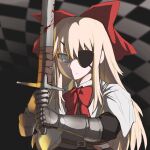  1girl bangs blonde_hair blood bloody_weapon blouse blush bow checkered checkered_background closed_mouth collared_shirt commentary_request eyelander eyepatch gauntlets hair_between_eyes hair_bow hbkhk2007 holding holding_sword holding_weapon long_hair looking_at_viewer red_bow red_neckwear shanghai_doll shirt solo sword team_fortress_2 touhou upper_body weapon white_blouse 