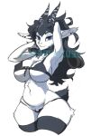  anthro belly_tuft big_breasts bikini black_body black_fur black_hair black_horn blue_eyes bovid breasts caprine cleavage clothed clothing cowlick ear_piercing female fur goat hair hand_behind_head hi_res hip_tuft horizontal_pupils horn inner_ear_fluff legwear long_hair looking_at_viewer mammal maned_lyon messy_hair multicolored_body multicolored_fur navel_tuft piercing portrait pupils raised_arms simple_background smile solo swimwear thigh_highs three-quarter_portrait tuft two_tone_body two_tone_fur watermark white_background white_body white_fur wide_hips 