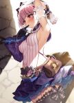  1girl armpits atelier_(series) atelier_lydie_&amp;_suelle bangs belt black_gloves black_legwear blunt_bangs blurry blurry_background blush bow breasts brown_belt closed_mouth cowboy_shot depth_of_field detached_sleeves embarrassed exe_(xe) eyebrows_visible_through_hair finger_to_mouth fingerless_gloves gloves hairband hand_up index_finger_raised leotard lydie_marlen medium_breasts medium_hair miniskirt mismatched_gloves partially_fingerless_gloves pink_eyes pink_hair pink_leotard pouch presenting_armpit purple_skirt sideboob single_detached_sleeve single_fingerless_glove skirt solo standing striped_leotard sweat thighhighs wide_sleeves zettai_ryouiki 