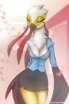  accipitriform aggressive_retsuko anthro avian beak beauty_mark bird bottomwear breasts business_suit cleavage clothed clothing eyes_closed feathered_wings feathers female hi_res long_neck non-mammal_breasts rin_tyan sanrio secretary_bird secretary_washimi skirt solo standing suit white_body white_feathers wide_hips winged_arms wings 