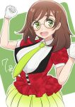  1girl blouse blush breasts brown_hair collared_shirt eyebrows_visible_through_hair glasses gloves green_background green_eyes green_neckwear green_skirt green_theme hair_between_eyes highres idol jacket large_breasts looking_at_viewer medium_hair open_mouth red_jacket shirt short_sleeves skirt smile solo teeth teina white_background white_blouse white_gloves yuzuriha_maimai zombie_land_saga 