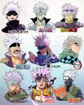  1boy a2t_will_draw araki_hirohiko_(style) bandana bleach blindfold blue_eyes book checkered copyright_name dragon_ball dragon_ball_z earrings electricity gege_akutami_(style) gojou_satoru gotouge_koyoharu_(style) hatake_kakashi highres holding holding_book isayama_hajime_(style) jewelry jojo_no_kimyou_na_bouken jujutsu_kaisen kimetsu_no_yaiba kishimoto_masashi_(style) kubo_tite_(style) male_focus mask menacing_(jojo) mouth_mask multiple_style_parody multiple_views naruto_(series) oda_eiichirou_(style) one_eye_covered one_piece open_mouth parody shingeki_no_kyojin smile style_parody sweatdrop toriyama_akira_(style) white_hair 