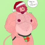  anthro body_hair christmas christmas_clothing christmas_headwear clothing facial_hair felid hair hat headgear headwear hi_res holidays lion male mammal musclegut muscular muscular_anthro muscular_male overweight overweight_anthro overweight_male pantherine pink_body pink_hair rion_(rionmaro) rionmaro santa_hat small_fangs solo 