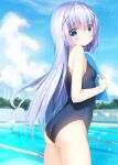  1girl absurdres alternate_costume ass bangs bare_shoulders black_swimsuit blue_eyes blue_hair blue_sky blurry blurry_background blush breasts cloud commentary_request competition_school_swimsuit day depth_of_field eyebrows_visible_through_hair gochuumon_wa_usagi_desu_ka? hair_between_eyes hair_ornament highres kafuu_chino long_hair looking_at_viewer looking_back one-piece_swimsuit outdoors pizzzica pool school_swimsuit sky small_breasts solo standing swimsuit very_long_hair water wet x_hair_ornament 