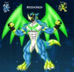  abs bandai_namco blonde_hair blue_body blue_skin bulkmon digimon digimon_(species) dragon exveemon flameydragwasp flexing fusion glowing hair hi_res male mask muscular muscular_male pose scalie solo stripes wings 
