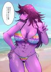  abs absurd_res amiriari78 anthro beach big_breasts bikini blush bodily_fluids breasts cleavage clothed clothing day deltarune female hair hand_on_hip hi_res japanese_text kemono muscular muscular_anthro muscular_female nails non-mammal_breasts outside purple_body purple_scales reptile sand scales scalie sea seaside skimpy solo susie_(deltarune) sweat sweatdrop swimwear text translation_request video_games water 