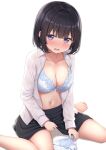  1girl bangs barefoot black_hair black_skirt blue_bra blush bra breasts cleavage collarbone commentary_request eyebrows_visible_through_hair holding holding_clothes holding_panties holding_underwear karutamo large_breasts long_sleeves looking_at_viewer navel open_clothes open_mouth open_shirt original panties panties_removed purple_eyes shirt short_hair sitting skirt solo stomach underwear wariza white_shirt 
