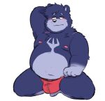  2021 anthro black_nose blue_body blue_fur blush bulge clothing fur humanoid_hands kemono male mammal moobs nipples overweight overweight_anthro overweight_male shyybuchi simple_background solo underwear ursid white_background 