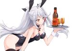  1girl alcohol animal_ears azur_lane beer black_legwear black_leotard bottle breasts bunny_ears bunny_tail choker commentary_request cowboy_shot glass iron_cross leotard long_hair medium_breasts orange_eyes playboy_bunny prinz_eugen_(azur_lane) retumihari silver_hair simple_background smile solo strapless strapless_leotard tail thighhighs tray two_side_up white_background wrist_cuffs 