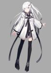  1girl black_legwear black_shorts closed_mouth coat copyright_request grey_background grey_eyes hair_ornament hairclip highres hood hood_down hooded_coat long_hair long_sleeves looking_at_viewer micro_shorts nagishiro_mito one_side_up shorts simple_background solo thighhighs white_coat white_hair 