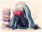  1boy android animal_ears black_gloves black_pants blanket blue_eyes book book_stack cheer_(cheerkitty14) danganronpa_(series) danganronpa_v3:_killing_harmony english_commentary fake_animal_ears full_body gloves grey_eyes grey_footwear hair_between_eyes holding holding_book keebo male_focus musical_note number open_book pants pillow radio reading silver_hair sitting solo under_covers 