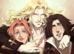  1girl 2boys alucard_(castlevania) artist_request bishounen black_hair blonde_hair blue_eyes breasts brown_hair cape castlevania castlevania:_symphony_of_the_night castlevania_iii:_dracula&#039;s_curse cloak hug long_hair looking_at_viewer male_focus multiple_boys short_hair silver_hair smile sypha_belnades trevor_c._belmont vampire white_hair 