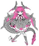 1girl akitsuki_itsuki blush closed_mouth dated elizabeth_bathory_(fate)_(all) fate/grand_order fate_(series) flat_chest horns long_hair looking_at_viewer mecha_eli-chan_(fate) mechanical_tail monochrome no_feet pink_hair pink_theme pointy_ears signature simple_background skirt solo tail twitter_username two_side_up white_background wings 