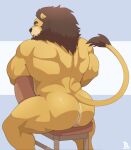  2021 absurd_res anthro back_muscles barazoku big_butt big_muscles butt chair felid furniture hi_res lion looking_back male mammal mane muscular muscular_anthro muscular_male nude pantherine rear_view simple_background sitting sitting_backwards solo thick_thighs tylerstark 