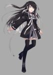  1girl arms_at_sides black_coat black_hair black_legwear black_shorts coat collared_shirt copyright_request floating_hair full_body grey_background grey_eyes grey_shirt highres long_hair long_sleeves looking_at_viewer multicolored_hair nagishiro_mito parted_lips shirt shorts simple_background solo thighhighs two-tone_hair wing_collar 