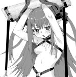  1girl akitsuki_itsuki armpits bound bound_wrists bright_pupils collar elizabeth_bathory_(fate) elizabeth_bathory_(fate)_(all) fate/grand_order fate_(series) hands_above_head hands_up horn_ornament horns long_hair looking_at_viewer metal_collar navel nipples nude o-ring parted_lips pillory pointy_ears slit_pupils solo sweat upper_body white_pupils 