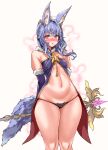  animal_ears asanagi black_panties blue_hair blush bunny_ears cat_ear_panties cat_lingerie dog_tail elin erune granblue_fantasy highres holding holding_staff holding_weapon long_hair looking_at_viewer meme_attire open_mouth panties priest_(tera_online) purple_eyes simple_background skindentation staff tail tera_online thick_thighs thighs tikoh underwear weapon white_background 