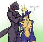  anthro balls black_body black_scales breasts crossed_arms croxot dragon duo erection female genitals haxorus humanoid_genitalia humanoid_penis larger_male male male/female nice_cock_bro nintendo nipples nude penis pok&eacute;mon pok&eacute;mon_(species) pussy red_eyes scales scalie size_difference smaller_female smiel spikes toxtricity video_games 