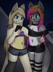  anthro blonde_hair blue_eyes brown_hair canid canine canis clothing crop_top dragon dream_mirage dream_mirage_(hyperion) duo female female/female flat_chested fox fur furred_dragon grey_body grey_fur hair heterochromia hi_res hybrid kayla_kitsune legwear mammal phone shirt teenager thigh_highs topwear wolf yellow_body yellow_eyes yellow_fur young 