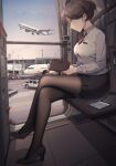  1girl absurdres airbus_a320 aircraft airplane airport black_footwear black_pantyhose black_skirt boeing_777 brown_hair chromatic_aberration closed_mouth collared_shirt crossed_legs ear_piercing flight_attendant high_heels highres holding holding_tablet_pc motor_vehicle necktie notebook original pantyhose pencil_skirt pickup_truck piercing red_eyes red_necktie senjouhara_nira shirt short_hair sitting skirt sky solo tablet_pc taking_off travel_attendant truck white_shirt 