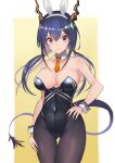  1girl alternate_costume animal_ears arknights bangs bare_arms bare_shoulders black_legwear black_leotard blue_hair breasts bunny_ears ch&#039;en_(arknights) cleavage commentary_request covered_navel cowboy_shot detached_collar dragon_horns fake_animal_ears groin hair_between_eyes hand_on_hip horns large_breasts leotard long_hair looking_at_viewer necktie orange_neckwear pantyhose pink_eyes playboy_bunny smile solo standing strapless strapless_leotard thighs wrist_cuffs yuzuruka_(bougainvillea) 