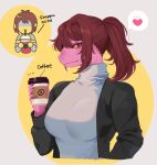  &lt;3 anthro beverage breasts brown_hair clothed clothing coffee coffee_cup cute_fangs deltarune drinking duo female fully_clothed hair hi_res human kris_(deltarune) looking_at_viewer male mammal ponytail potepotekosam purple_body purple_scales reptile scales scalie susie_(deltarune) turtleneck video_games 