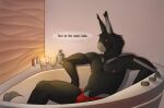  aisek anthro bathtub black_body black_fur bulge candle candlelight clothing fur long_ears looking_at_viewer male mammal reclining red_eyes seductive solo speedo swimwear tail_tuft tuft unknown_species 