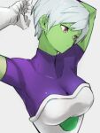  1girl armor bodysuit breasts cheelai colored_skin dragon_ball dragon_ball_super dragon_ball_super_broly gloves green_skin grey_background jewelry kemachiku long_hair medium_breasts purple_bodysuit purple_eyes scouter short_hair simple_background solo white_background white_gloves white_hair 