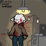  anthro blood bodily_fluids bound canid canine clothing detailed_background eyes_closed fox hair kevthefox lights male mammal nosebleed plate serum shaded simple_coloring simple_eyes simple_nose simple_shading sitting solo text torn_clothing torture white_body white_hair wounded 
