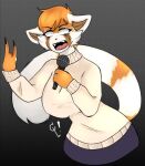  ailurid angry anthro black_lips bottomwear cheek_tuft clothed clothing devil_horns_(gesture) empty_eyes eyelashes facial_tuft female gesture head_tuft lips mammal microphone nails open_mouth red_panda regniya skirt solo sweater teeth topwear tuft 