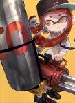  absurdres bangs black_footwear black_headwear black_shorts blue_necktie closed_mouth frown gatling_gun gun hat highres holding holding_gun holding_weapon hydra_splatling_(splatoon) inkling long_hair looking_at_object minigun necktie orange_eyes orange_hair shirt shoes short_shorts shorts simple_background splatoon_(series) splatoon_2 standing user_erwy7383 weapon white_shirt yellow_background 