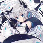  1girl :o animal_ear_fluff animal_ears azur_lane bangs bare_shoulders black_gloves blue_eyes dress eyebrows_visible_through_hair fox_ears glint gloves head_tilt highres holding holding_sword holding_weapon katana kawakaze_(azur_lane) long_hair long_sleeves looking_at_viewer nagishiro_mito parted_lips petals ribbon-trimmed_sleeves ribbon_trim silver_hair sleeves_past_wrists solo sword v-shaped_eyebrows weapon white_dress wide_sleeves 