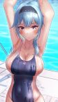  1girl armpits arms_up bangs bare_shoulders black_hairband blue_hair blue_swimsuit blush breasts cleavage collarbone competition_swimsuit covered_navel eula_lawrence genshin_impact hairband highres large_breasts looking_at_viewer medium_hair one-piece_swimsuit purple_eyes shirosaba sidelocks swimsuit two-tone_swimsuit wet white_swimsuit 