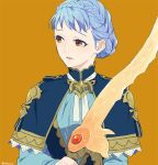  1girl bangs blue_hair blutgang_(fire_emblem) braid brown_eyes fire_emblem fire_emblem:_three_houses guttary hair_bun holding holding_weapon looking_to_the_side marianne_von_edmund open_mouth simple_background solo weapon 