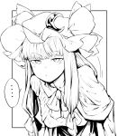  1girl :t bangs bow breasts crescent crescent_hat_ornament daitai_konna_kanji greyscale hair_bow hat hat_ornament hat_ribbon leaning_forward long_hair looking_at_viewer medium_breasts mob_cap monochrome neck_ribbon patchouli_knowledge pout ribbon simple_background solo touhou upper_body white_background 