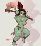  anthro axe barbarian battle_axe big_breasts bottomwear breasts clothed clothing croxot fangs female goblin green_body green_skin hair humanoid loincloth looking_at_viewer melee_weapon muscular muscular_female muscular_humanoid muscular_thighs open_mouth ponytail short_stack skimpy solo thick_thighs weapon 