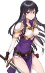  1girl absurdres armor ayra_(fire_emblem) bangs belt belt_buckle black_hair breastplate buckle closed_mouth commission commissioner_upload dress elbow_gloves fire_emblem fire_emblem:_genealogy_of_the_holy_war gloves haru_(nakajou-28) highres holding holding_sword holding_weapon long_hair purple_dress purple_eyes shoulder_armor simple_background skeb_commission sword thighs weapon white_background 