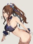  1girl bangs bare_shoulders beatrix_(granblue_fantasy) bikini bikini_pull blue_bikini blush breasts brown_eyes brown_hair cleavage clothes_pull commentary_request eyebrows_visible_through_hair frilled_bikini frills granblue_fantasy hair_ornament highres kurowan large_breasts long_hair looking_at_viewer open_mouth ponytail pubic_hair simple_background solo swimsuit wrist_cuffs 