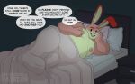  absurd_res anthro baito bed bed_covers bedding bedroom bedroom_eyes blanket bulge dialogue digital_media_(artwork) english_text furniture genital_outline hi_res lagomorph leporid male mammal narrowed_eyes nintendo nintendo_badge_arcade nipple_fetish nipple_pinch nipple_play nipples on_bed overweight overweight_anthro overweight_male penis_outline pinch rabbit seductive smug solo text under_covers video_games wolfbuns 